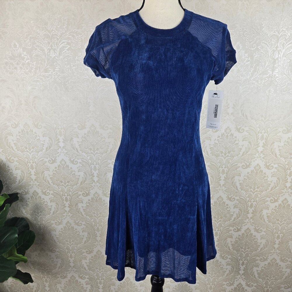 Theyskens' Theory (Size Small) Blue Skater Style Dress Sheer Sleeve Round Neck